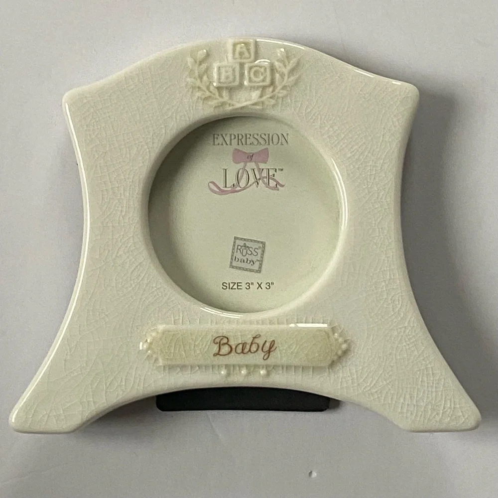 Russ Berrie Picture Frame Baby Vintage White Ceramic Blocks 3 X 3” Photo Love